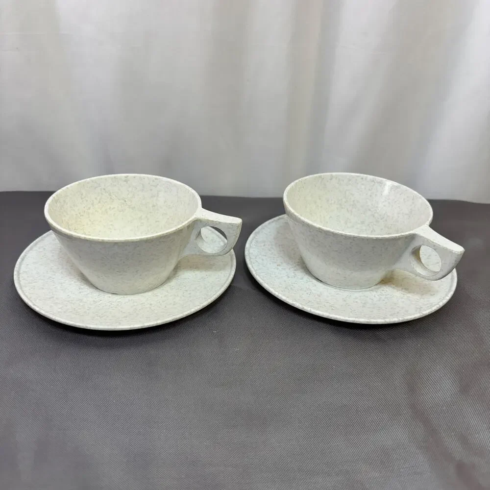 Texas Ware Melamine Cup & Saucer Set of 2 Gray White Speckles 4 Pieces Total VTG